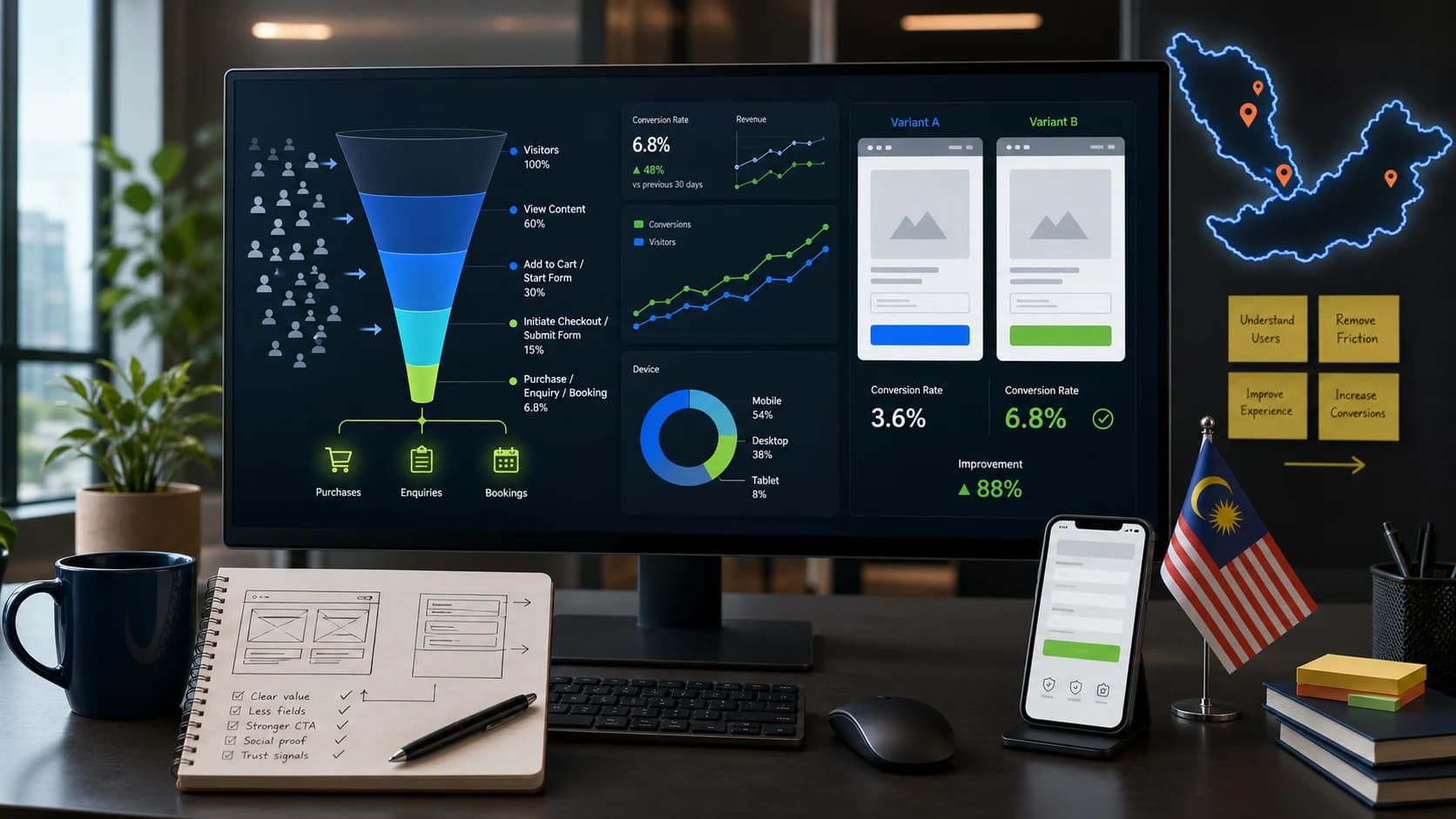 Conversion rate optimisation dashboard for Malaysian businesses showing funnel and A/B testing improvements