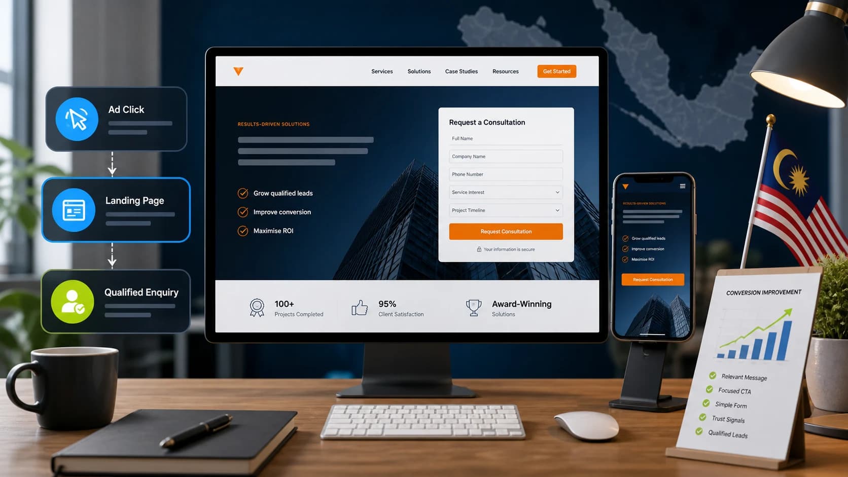 Lead generation landing page for Malaysian businesses showing a focused CTA, enquiry form and mobile layout
