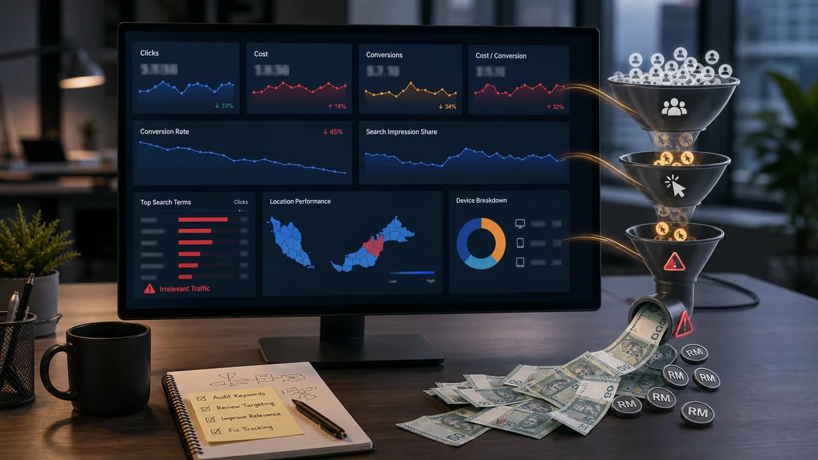 Google Ads campaign dashboard showing wasted budget, irrelevant traffic and falling conversions