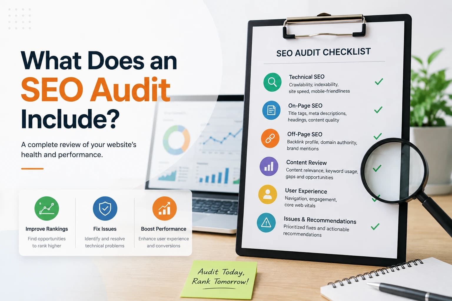 Complete SEO audit checklist covering technical SEO, content and website performance