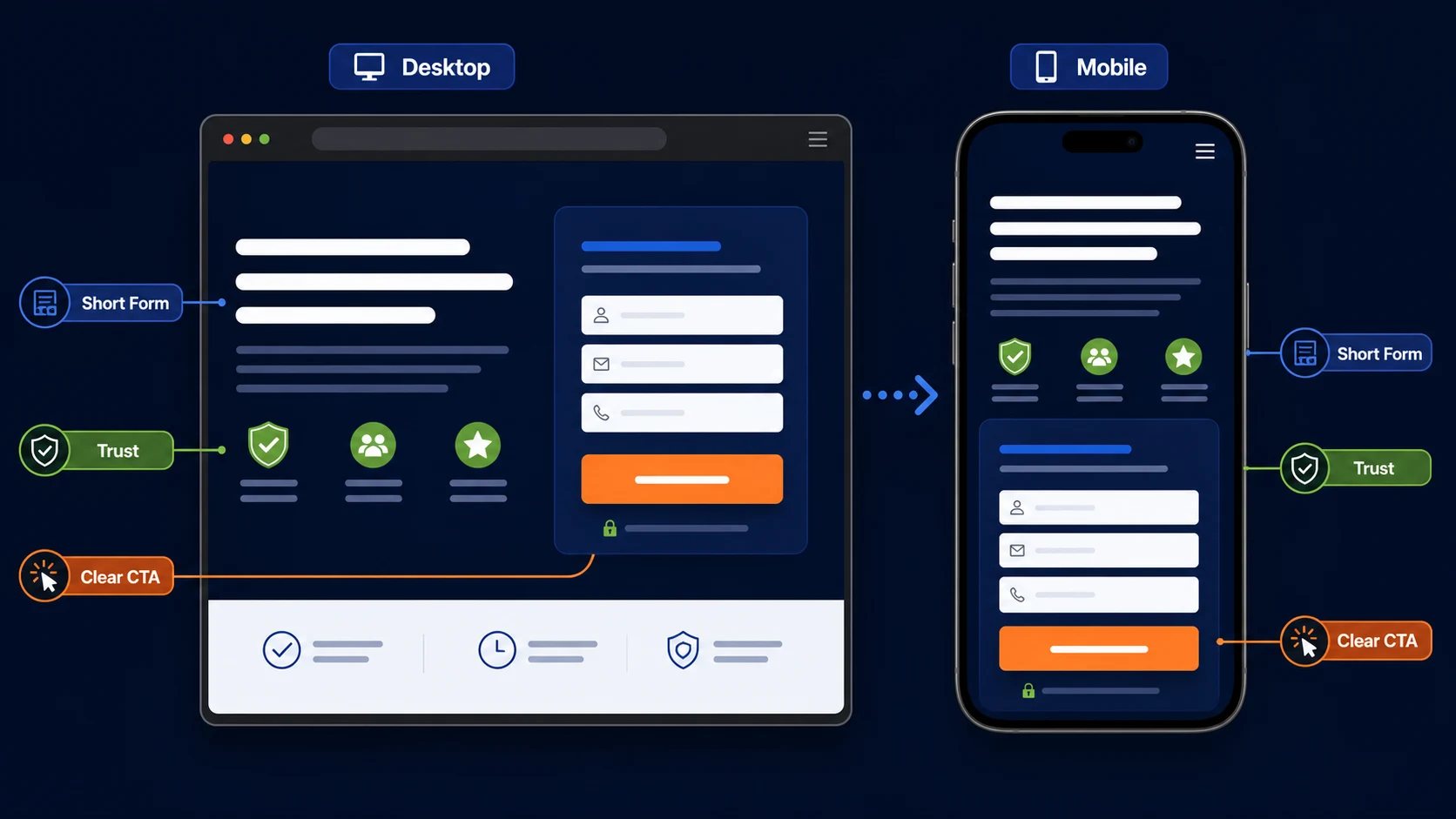 Desktop and mobile lead generation landing pages with responsive forms, trust signals and clear calls to action